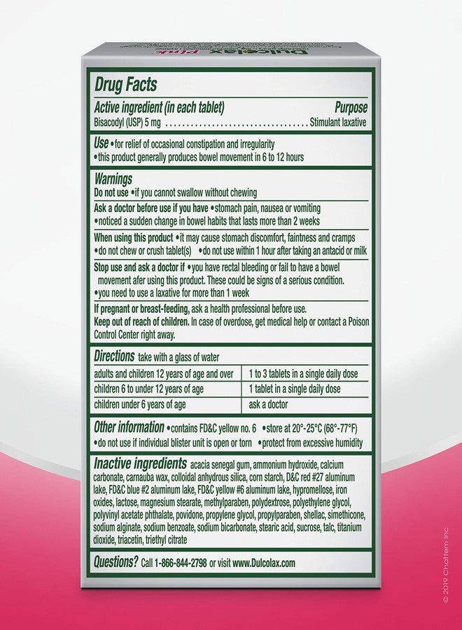 Dulcolax Pink Overnight Relief Stimulant Laxative, Bisacodyl, 5 mg Comfort Coated Tablets, 25 Count - Image 2